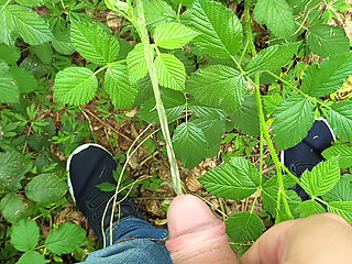 Man peeing outside in the forest
