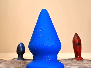 The first time I take my biggest plug! Extreme 4' wide blue anal plug insertion