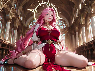 Sacred Red Robes Reveal a Private Bedroom Where She Kneels by the Bed, Eyes Hazy and Lips Parted