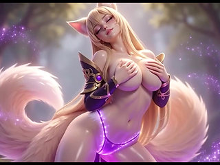 Ahri Fox Girl Tease - All Fours Bounce, Breast Play & Oiled Kitsune Body