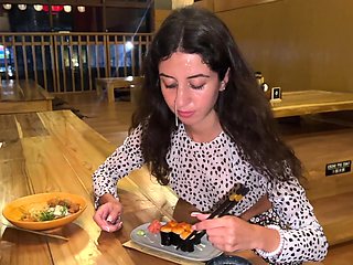 I Cum on a Girl's Face in Public Sushi Bar and She Eats Rolls with Cum on Her Face - Cumwalk