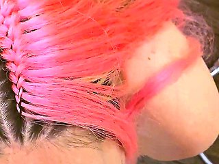 Pink Hair German Step-sister Give POV Blowjob to Boy After Caught in Shower