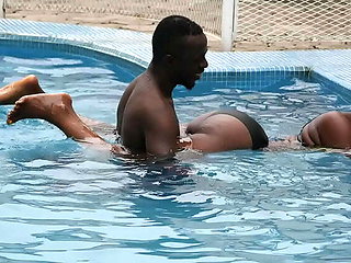 Hot Ebony Babe Latifa Masturbates in Lingerie at Swimming Pool Party