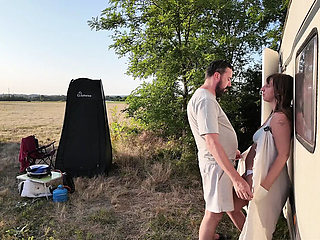 Big tits MILF gets fucked against a caravan outdoors