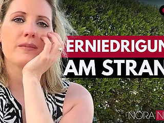 German Mistress NoraNoxx Degrades Skinny Blonde Slave on Public Beach - HD Outdoor Humiliation
