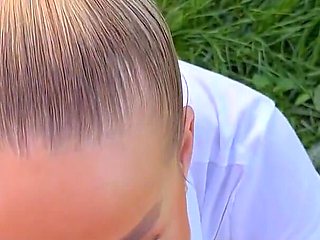 Blond Slut Blowjob with Facial in Garden