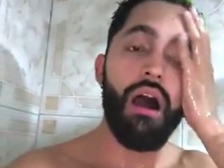 Camilo Brown Jerking His Big Uncut Cock in the Shower and Eating His Own Cum