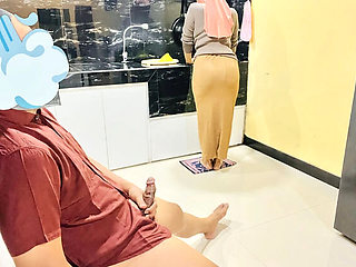 Hijab Maid with Big Ass Catches Boss Jerking Off in Kitchen - Nadalyne Homemade