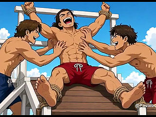 Roped To The Lifeguard Tower Rail - Bare Hands On His Soles And Armpits (2D Anime)