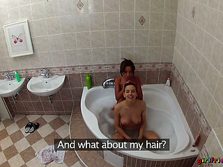Girlfriends XXX - Lesbians Wash Each Other's Wet Pussies in the Bathtub