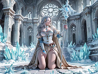 Silver-Haired Ice Queen! Kneeling in the Frozen Castle, her cold armor hides so many secrets. Hand on chest, biting lips...