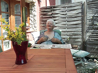 Horny Old Grandma Vera Fingers Her Unshaved Pussy Outside