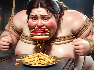 Tied up SSBBW Eats Massive Meal While Kneeling - Belly Stuffing