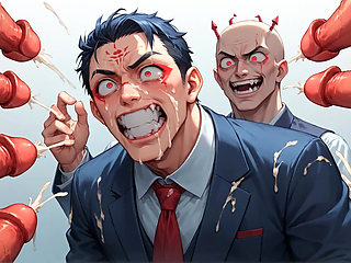 A White-haired Manager in a Suit Is Surrounded by a Storm of Red Dildos, Creating an Epic XXX Porn Scene