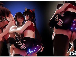 Hutao and Beidou strap-on sex with a dragon dildo
