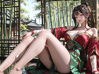 The Red-Robed Goddess in a sun-dappled secret garden, lazily turning her head with golden halos and a coy smile