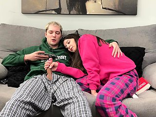 Step Brother Watch Porn and Jerk Off Next To Step Sister!