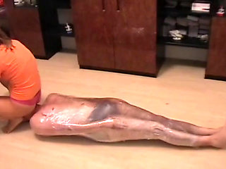 Nasty mistress tied up her slave with a plastic foil