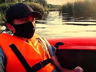 Memories of the past summer. Twink jerks off her cock in the middle of the river.