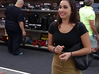 Busty brunette Babe gets big cash for sex inside of the pawn shop office