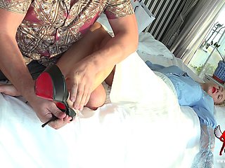 Femdom bitches in foot fetish action with their serfs