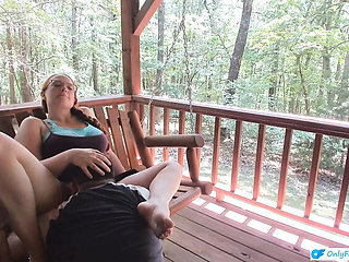 Ginger MILF Wife with Long Braids Gives Outdoor Blowjob and Pussy Licking on Porch