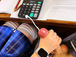 Student First Meeting with a Classmate Starts with a Handjob Under the Desk in Math Class.