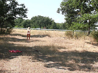 The Littl Tih Girl Shows off Her Tits to the Cars