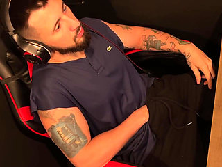 Handjob Sitting in Gamer Chair with Strong Cum Filmed From Above in Secret