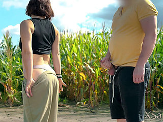Petite MILF Fucks Stranger in Cornfield – Standing Sex & Cum on Ass