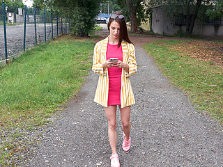 Skinny Fit Looker in Pink Dress Strips and Fucks on the Table