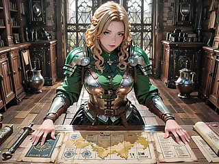 Medieval Knight Fantasy! Green Armor & Wet Secrets, Kneeling in the Library Gazing at You, Hand on Chest Teasing...