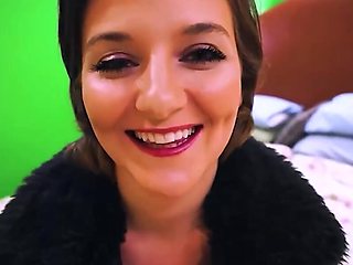 Adorable brunette with sexy hair sucking a fat cock