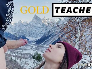 Russian teen gives amazing POV blowjob on mountain with cum in mouth