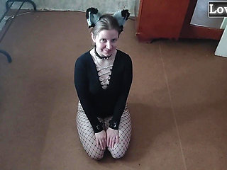 Sexy Kitty Eats From a Bowl and Licks Her Master's Feet - Lovessie