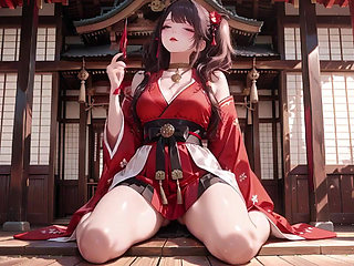 Taboo First Encounter at the Shrine, Kneeling in the Corridor While Stroking Her Hair
