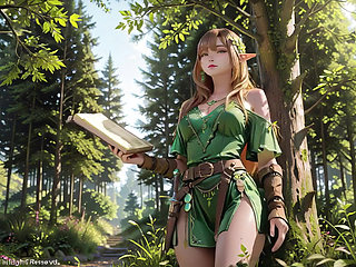 Green Elf in the Forest Secret! Kneeling gaze under dappled sunlight, a dreamy tease with fingertips touching her lips.