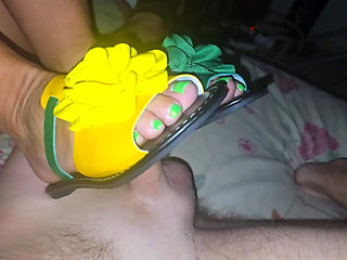 Stepmom in Bright Flip-flops in Bed with Her Stepson