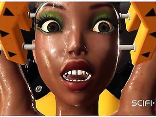 A sultry encounter with a futuristic android in a high-tech lab