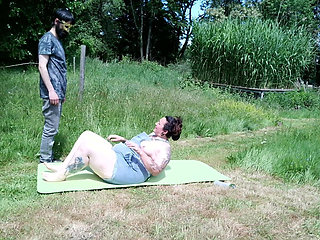 Strong Wife Workday - Strong BBW Uses Her Man as Leg Press After Mowing the Lawn