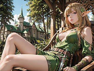 Green Elf in the Forest Secret! Kneeling Gaze Under Dappled Sunlight, a Dreamy Tease with Fingertips Touching Her Lips