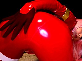 Femdom MILF vixen in red latex bodysuit plays with herself