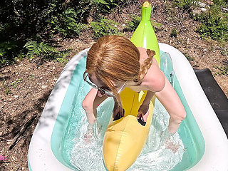 Petite Redhead Kat Humps Banana Float in Pool - Small Tits Grinding and Masturbating Orgasm