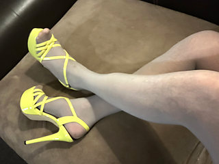 Fluro yellow high heels that I fuck with my hard cock while I am wearing sexy lingerie