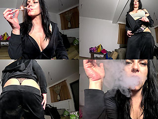 Velvet Tracksuit Tease - Smoking, Big Tits & Black Thong Flash