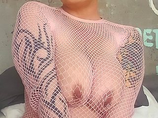Kay in a Pink Fishnet Dress and a New Toy