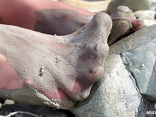 Goddess Shows You Her Messy Nylon Feet Close Ups in Torn Pantyhose on the River Bank