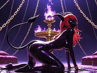 Stunning Succubus Nobles With Perfect Voluptuous Bodies Covered In Thick Shiny Black Oil Dancing Very Sensually In Floating Pala