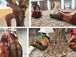 Crook Girls Tied Tight. Two Powerless Cowgirls Cleave Gagged to a Tree and Rough Ropes Hogtie