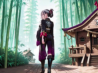 Silver-Haired Pirate Queen! Sun-drenched ship cabin, navy uniform slightly damp, kneeling with a teasing gaze.